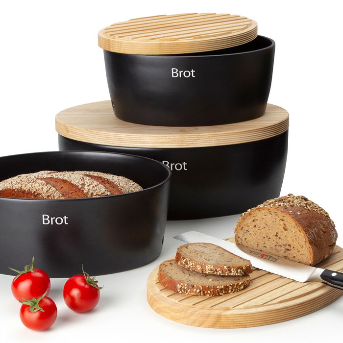 Continenta Panera 36X23 Negra Altura 13,5 cm Cerámica Tapa Madera Acabado Mate Con Adhesivos Intercambiables